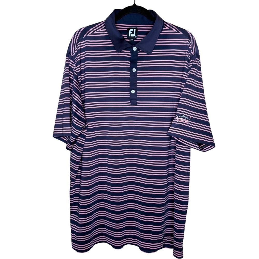 FootJoy ProDry Golf Polo Shirt Mens 2XL Navy Pink Striped Memphis National Logo